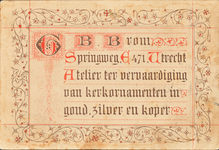 710530 Gekalligrafeerd visitekaartje van G.B. Brom, Atelier ter vervaardiging van kerkornamenten in goud, zilver en ...